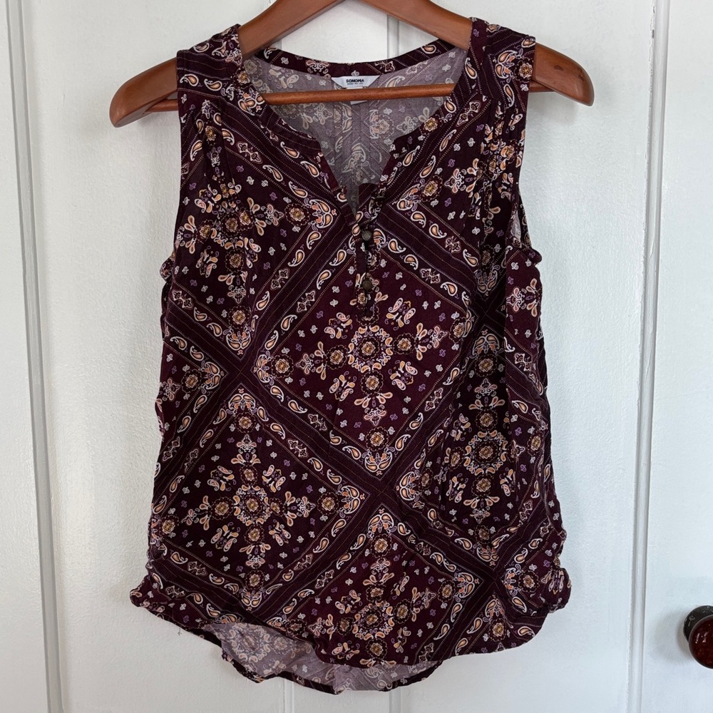 Sonoma Burgundy and Gold Bandana Patterned Sleeveless Top